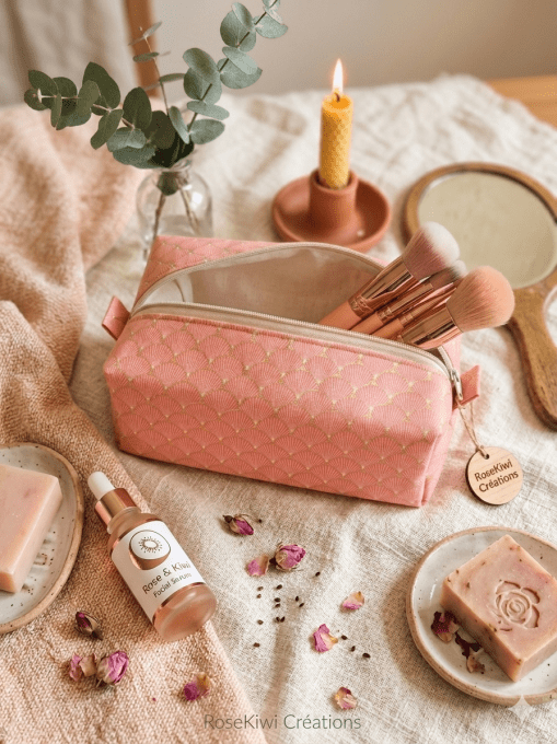 Maxi trousse de toilette rose saumon - doublée - coton Bio – Modèle unique - Fait Main - RoseKiwi
